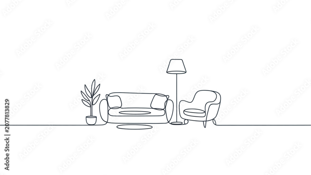 Fototapeta premium Minimalist line drawing of a small car and trailer with a potted plant