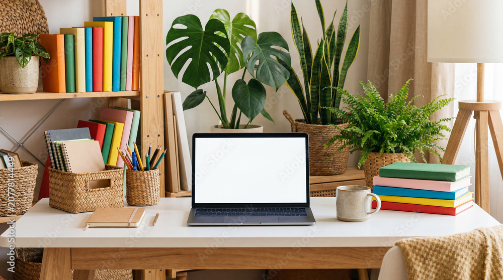 Fototapeta premium Neat Study Office Desk With Blank Laptop And Colorful Books Without Markings For Mockups Scene