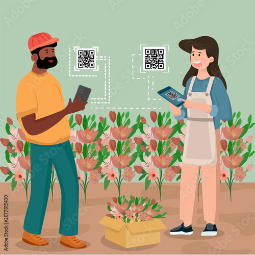 Female florist and customer using smartphone to scan QR code for smart floriculture tracking system in flower farm field. Flower delivery and digital agritech vector illustration.