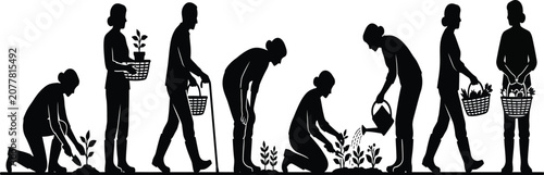 Foto Silhouette illustration of people engaging in gardening activities