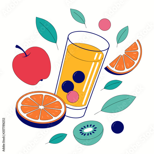 Fresh fruit smoothie and juice illustration with apple orange and berries smoothie beverage