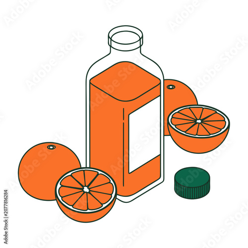 Orange juice bottle served with sliced fresh citrus fruit beverage breakfast refreshing
