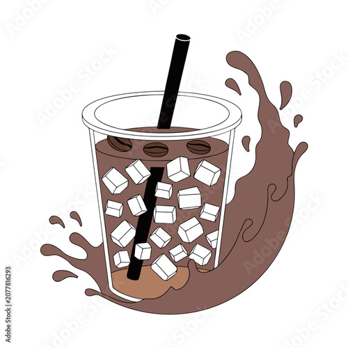 Iced coffee with milk in plastic cup and dark splash vector illustration beverage caffeine