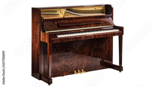 Fotografie Polished dark wood upright piano with brass pedals, isolated on transparent back
