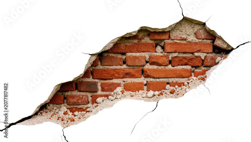 Bild auf Leinwand Cracked red brick wall revealing concrete and debris, isolated on transparent ba