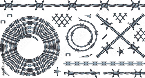 Konstfotografi Barbed wire and razor wire vector illustration elements set with coiled fences m