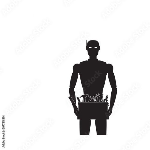 Schilderij op canvas Robot Silhouette Holding Rectangular Container On White Background