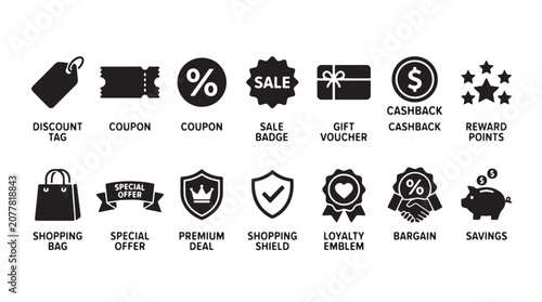 Konstfotografi Ecommerce icons, shopping labels, discount symbols, sale badges, loyalty emblems