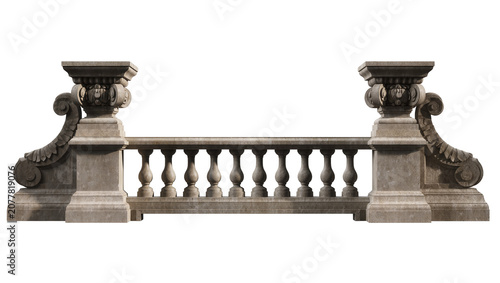 Photography Ornate stone balustrade with carved capitals and scrollwork, isolated on transpa