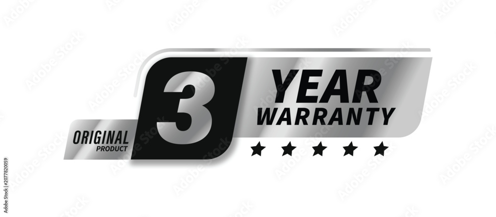 Obraz premium 3 Year Silver Warranty Shield Logo with Ribbon. Modern Warranty Badge in Premium Metallic Silver with Shield, Elegant Ribbon, and Star.