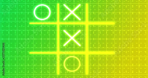 Glowing animated Tic Tac Toe Game Icon on a grid background in 4K.Neon Tic Tac Toe X-O game icon on a grid background for banners, business workflows, and digital backdrops. 
