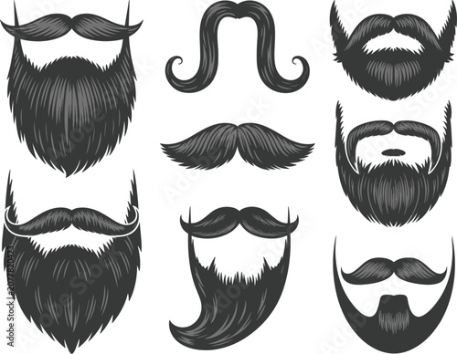 Beard and mustache vector set, hipster facial hair styles elements isolated retro barber shop graphic illustration