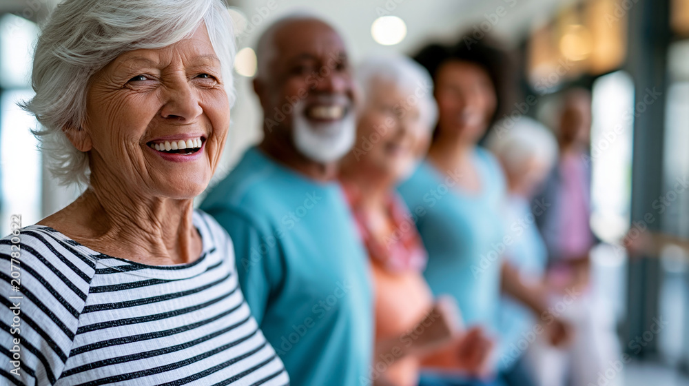 Fototapeta premium Diverse senior group enjoying lively dance activity together in bright community center, active aging concept, senior lifestyle photography, blurred facility background, with copy