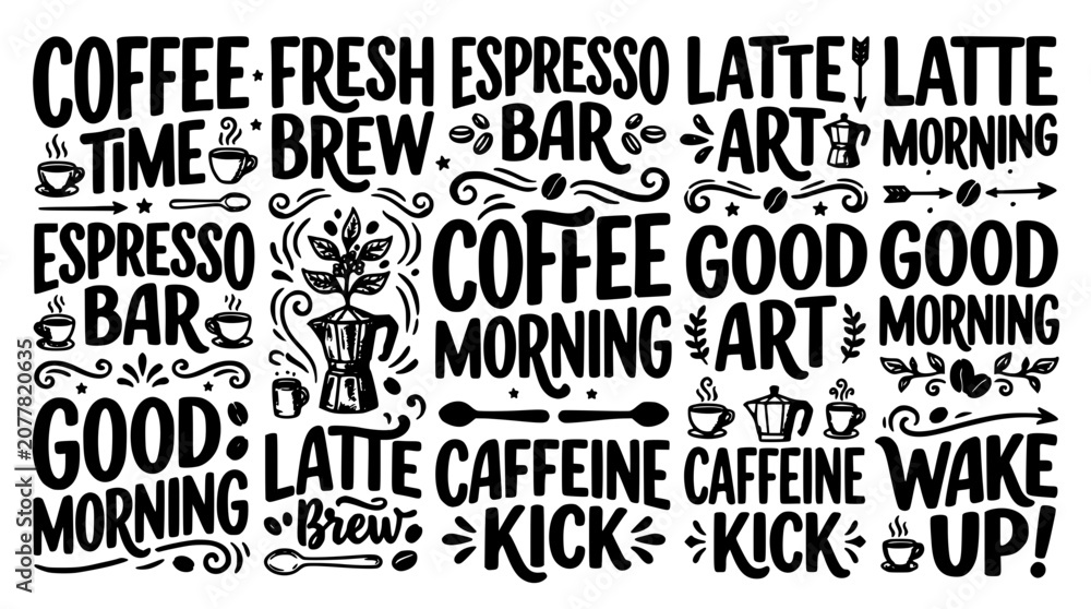 Obraz premium Coffee Lettering Collage Featuring Espresso, Latte, and Caffeine-Themed Words in Artistic Typography
