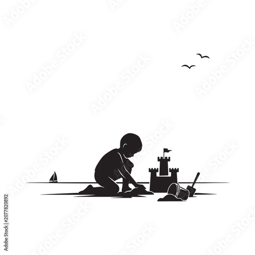 Child Building Sandcastle Silhouette Against White Background