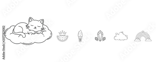Cute Cat Sleeping Cloud With Whimsical Icon Set