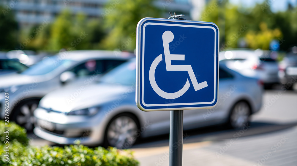 Fototapeta premium Close-up view of blue and white handicap parking sign in shopping center parking lot on sunny day with blurred cars, accessibility concept, public facility photography, blurred