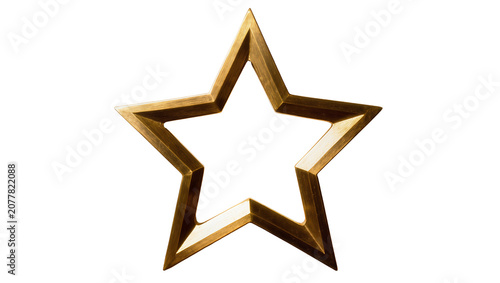 Golden five-pointed star frame with beveled edges, isolated on transparent background