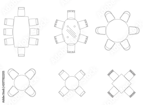 Set of top view dining furniture icons with tables and chairs.