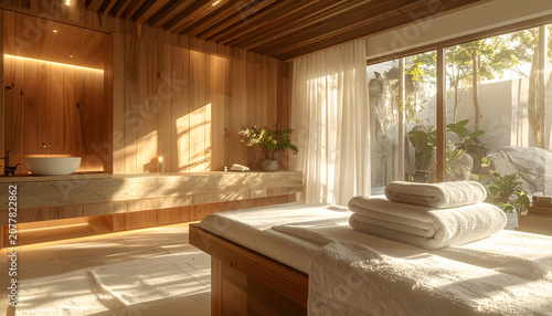 Professional Spa Atmosphere: Serene luxury spa room interior featuring natural wood wall, soft towel on massage table, bright sunlight creating peaceful wellness atmosphere