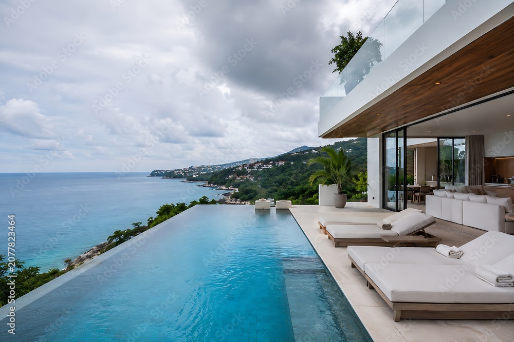 Fototapeta premium luxury modern villa with infinity pool overlooking ocean