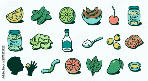 Seamless pattern and icon collection of sour foods and kitchen ingredients clean vector