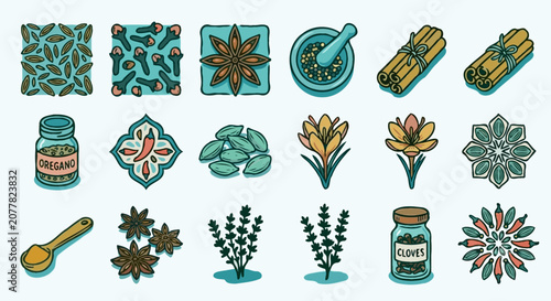 Colorful flat line icons set of various kitchen spices and herbs