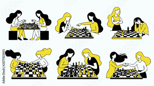 Flat pattern design of women playing chess scenes icon collection