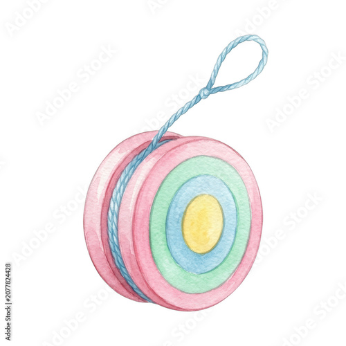 Watercolor illustration of a colorful pastel yoyo toy