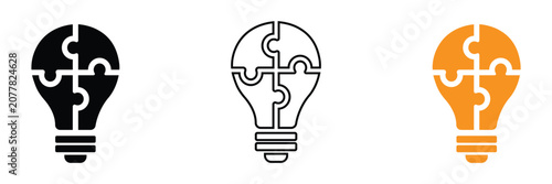 Konstfotografi A set of three light bulb icons with puzzle pieces inside, symbolizing ideas and problem-solving, in black, line art, and orange on a clean white background
