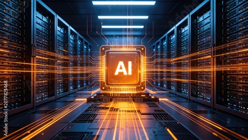 Obraz na płótnie Glowing AI processor inside modern data center with high speed server connections, idea for artificial intelligence computing, cloud infrastructure, enterprise technology background
