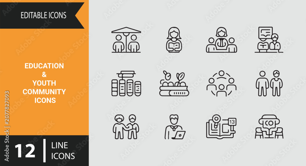 Naklejka premium Education and Youth Community Outline Icon Set for School Learning Programs and Child Development