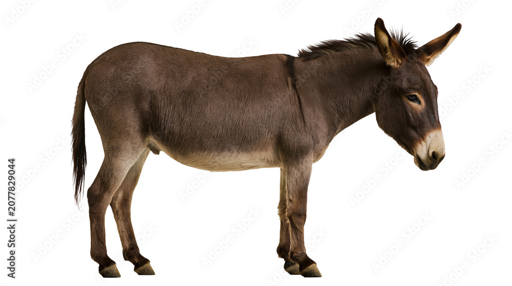 Fototapeta premium Brown donkey standing profile view