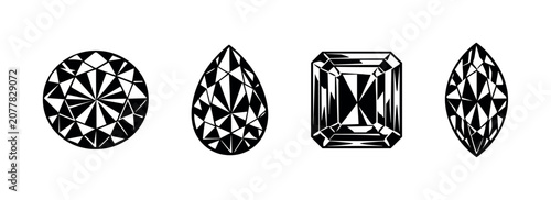 Vászonkép Collection of four distinct diamond cuts displayed in black and white silhouette