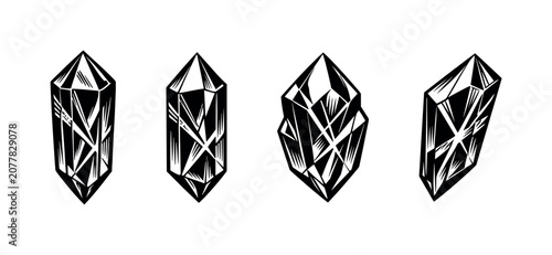 Tableau sur toile Collection of stylized black and white crystal illustrations with sharp facets