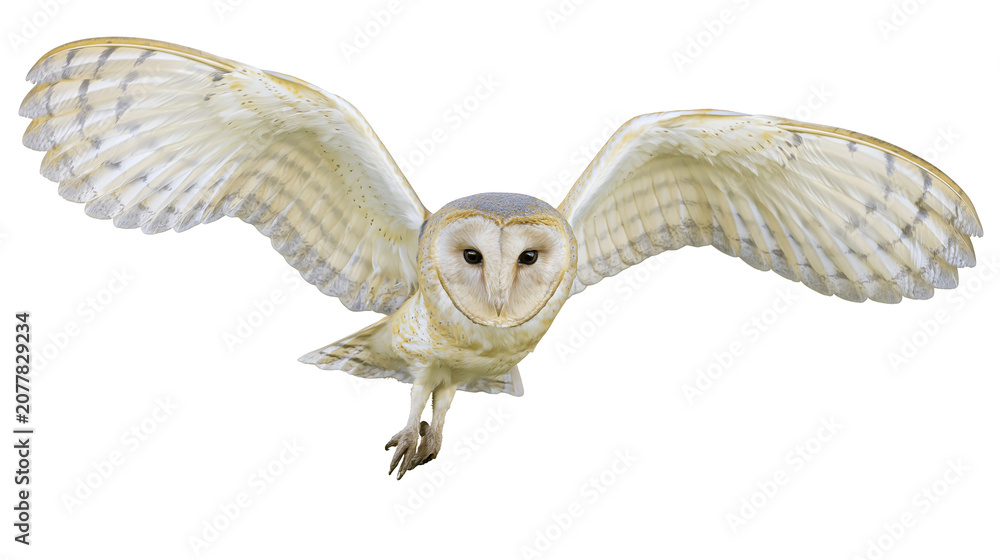 Obraz premium Barn owl with wings spread wide in flight
