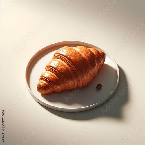 A plain croissant on a white ceramic plate, neutral studio background, soft shadows, minimal bakery product photography, clean and commercial composition