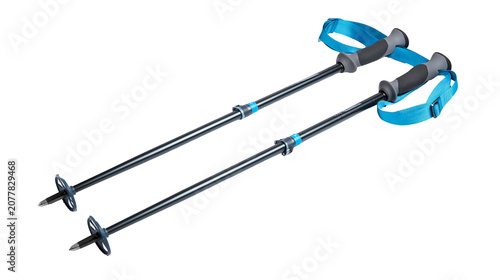 Photos Pair of black ski poles with blue straps and grey grips