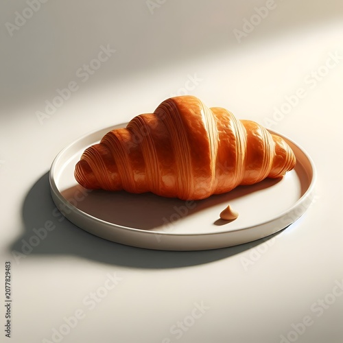 A plain croissant on a white ceramic plate, neutral studio background, soft shadows, minimal bakery product photography, clean and commercial composition