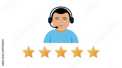 Customer service agent with headset and five star rating