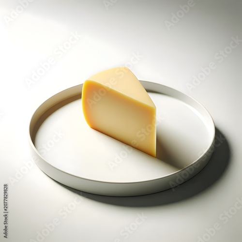 A simple cheese slice on a white plate, minimal composition, soft lighting, clean studio background, isolated product shot