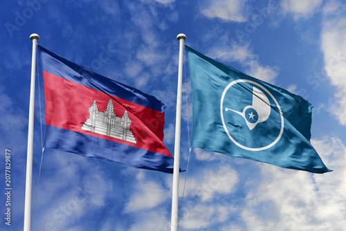 Quadro su tela Cambodia and Yap flags waving in a clear blue sky, symbolizing a powerful diplomacy, expanding global trade, a strategic partnership, and a shared vision of unity for a sustainable future