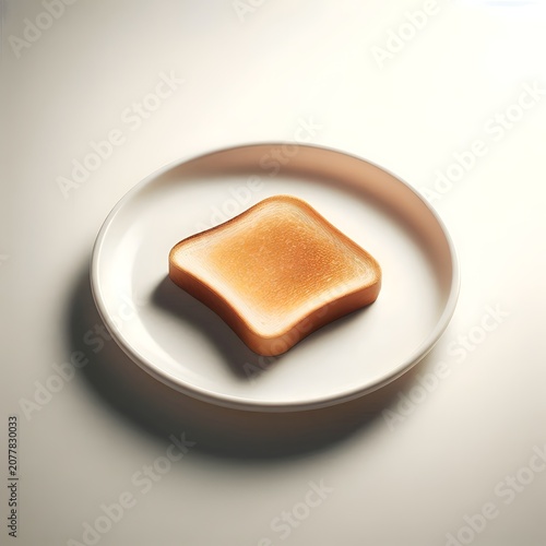 A single slice of toasted bread on a white plate, neutral studio lighting, minimal breakfast concept, clean and isolated product shot