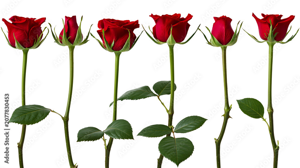 Naklejka premium Five red roses with green stems and leaves