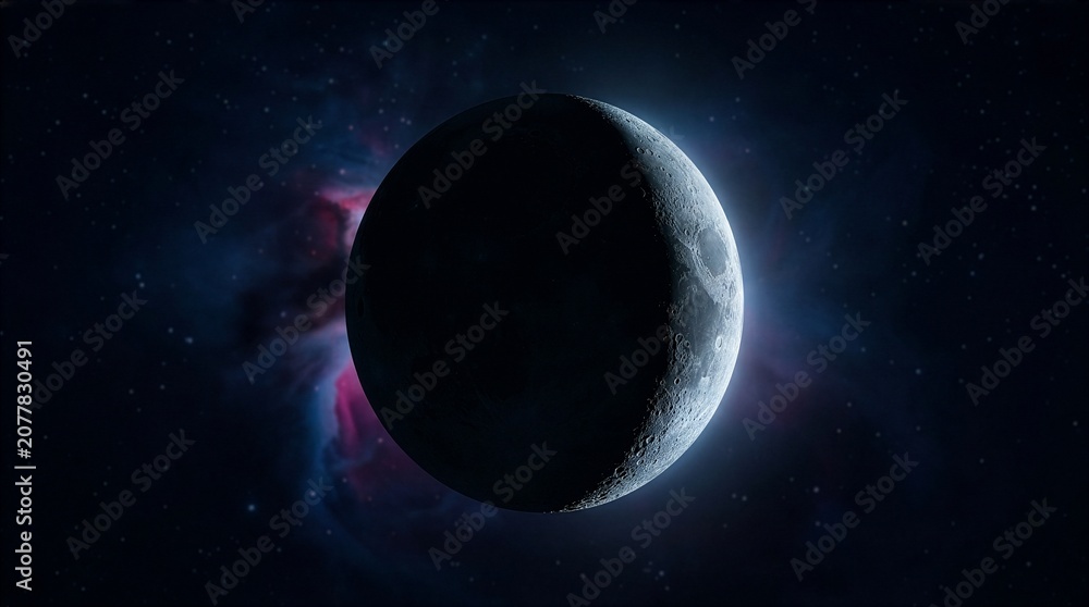 Fototapeta premium Crescent moon during partial solar eclipse with colorful nebula and deep space stars, dramatic celestial astronomy background
