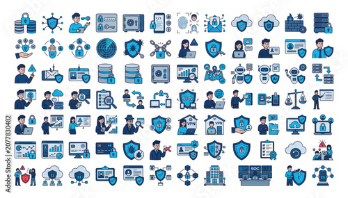 Comprehensive data security and cyber protection icon set with security protection encryption technology internet authentication monitoring password identity intelligence firewall