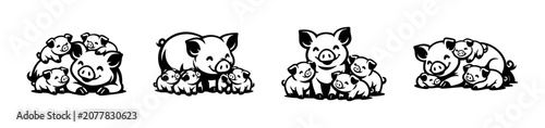 Canvas Print Adorable cartoon pig family with piglets in various playful poses