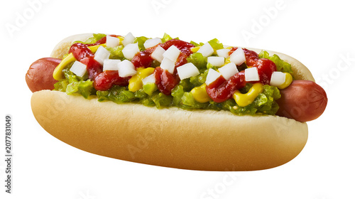 Hot dog with relish ketchup mustard, and diced onions