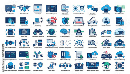 Cyber security and data protection flat icon collection with security protection encryption technology internet authentication monitoring password identity intelligence firewall