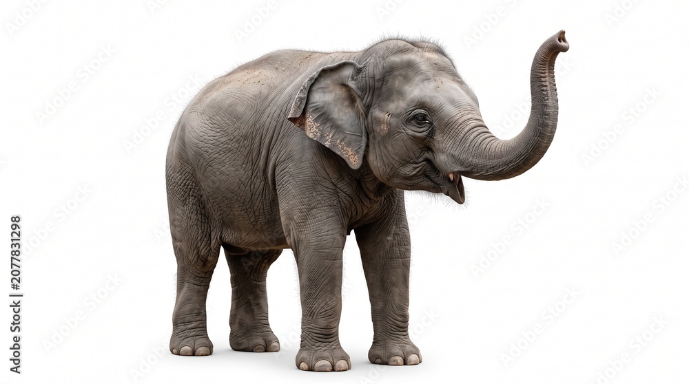 Fototapeta premium A juvenile asian elephant stands isolated on white background